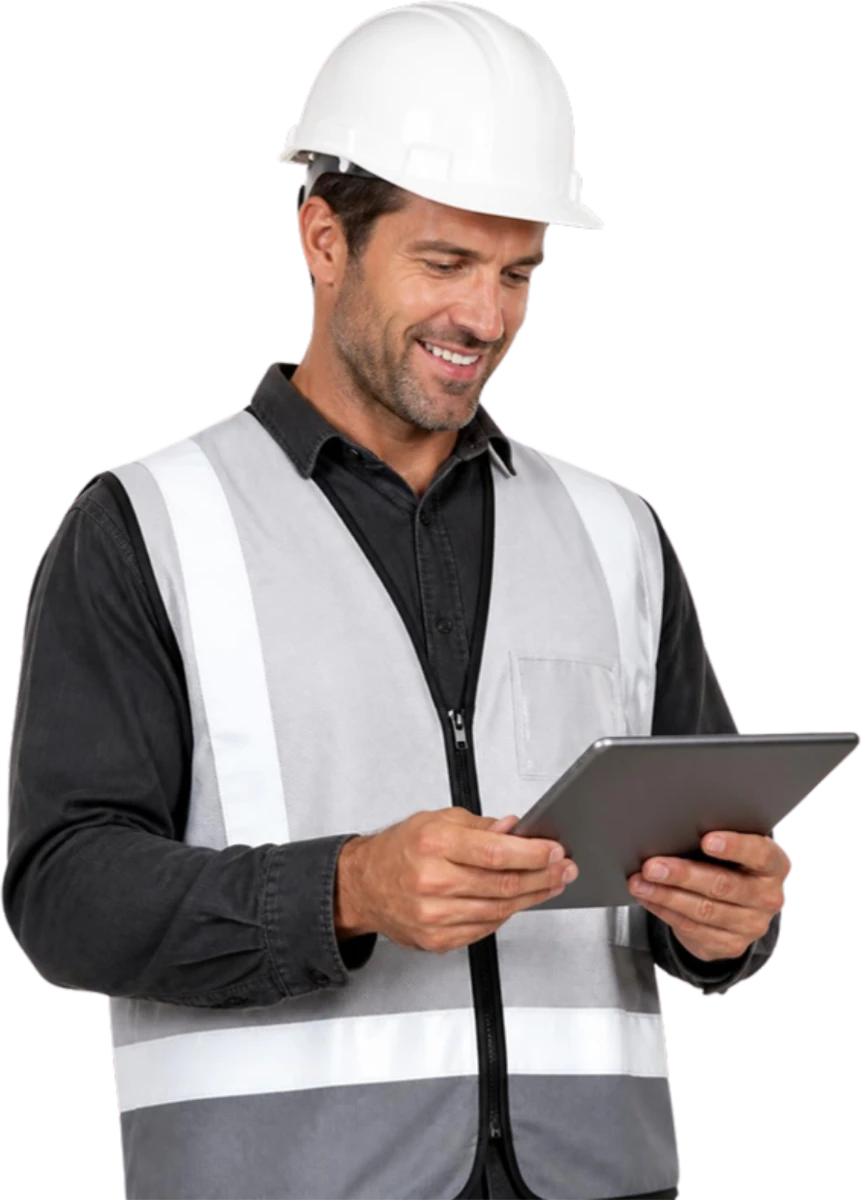 Chef de chantier avec un casque blanc consultant une tablette